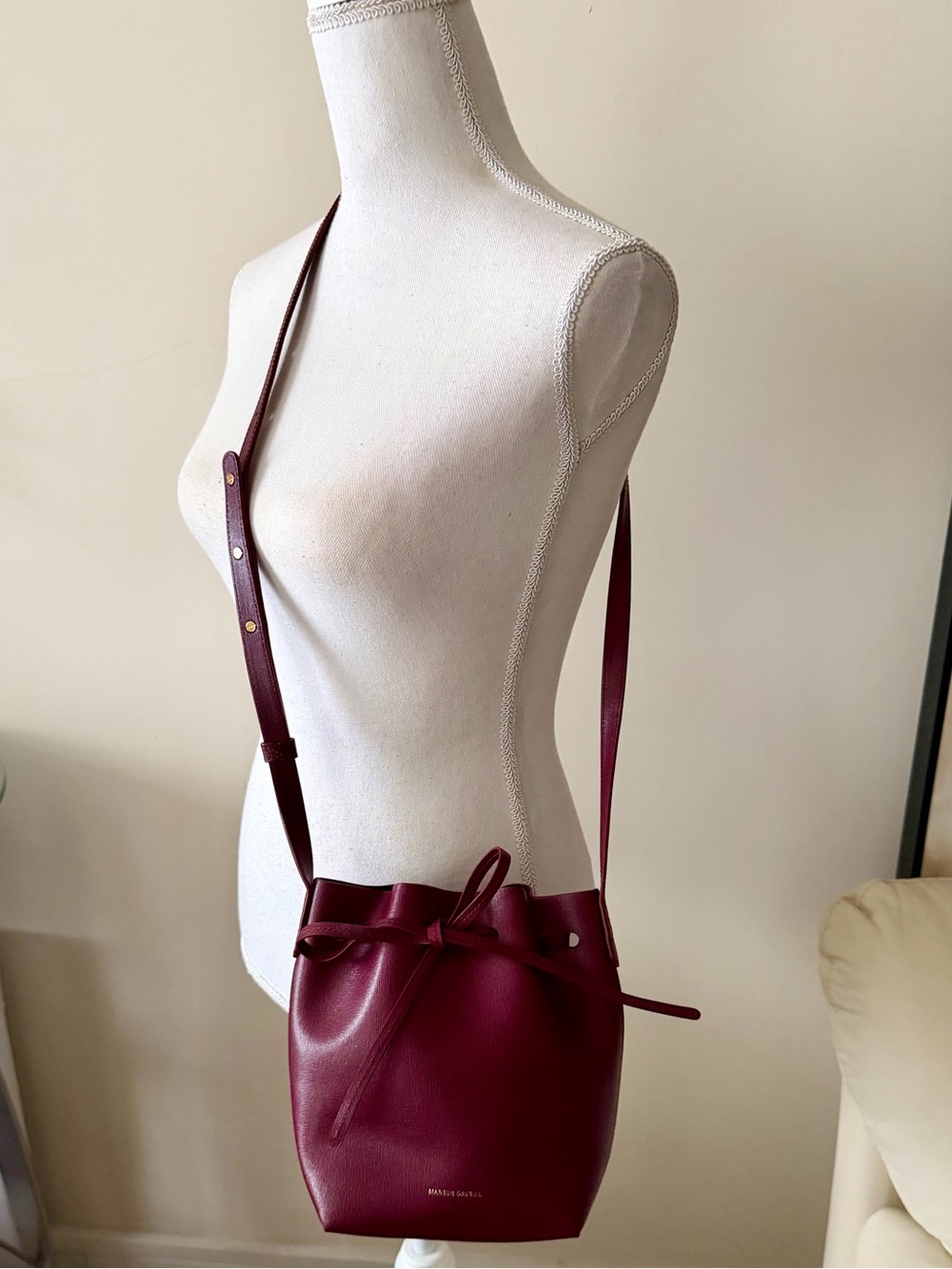 Mansur Gavriel Claret Red Textured Leather Mini Crossbody Bucket Bag - Picture 8 of 15